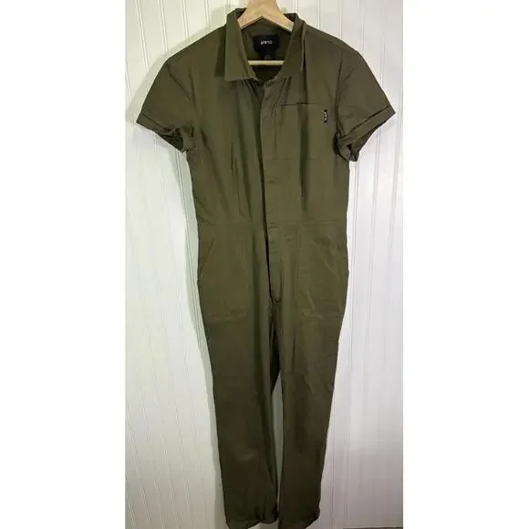 ATWYLD Pit Crew Jumpsuit Olive Green Coverall Style Women's Size L Short Sleeve - Picture 2 of 7